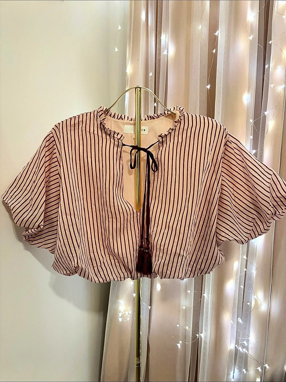 Glam Tie Tassel Striped Balloon Top Pink & White